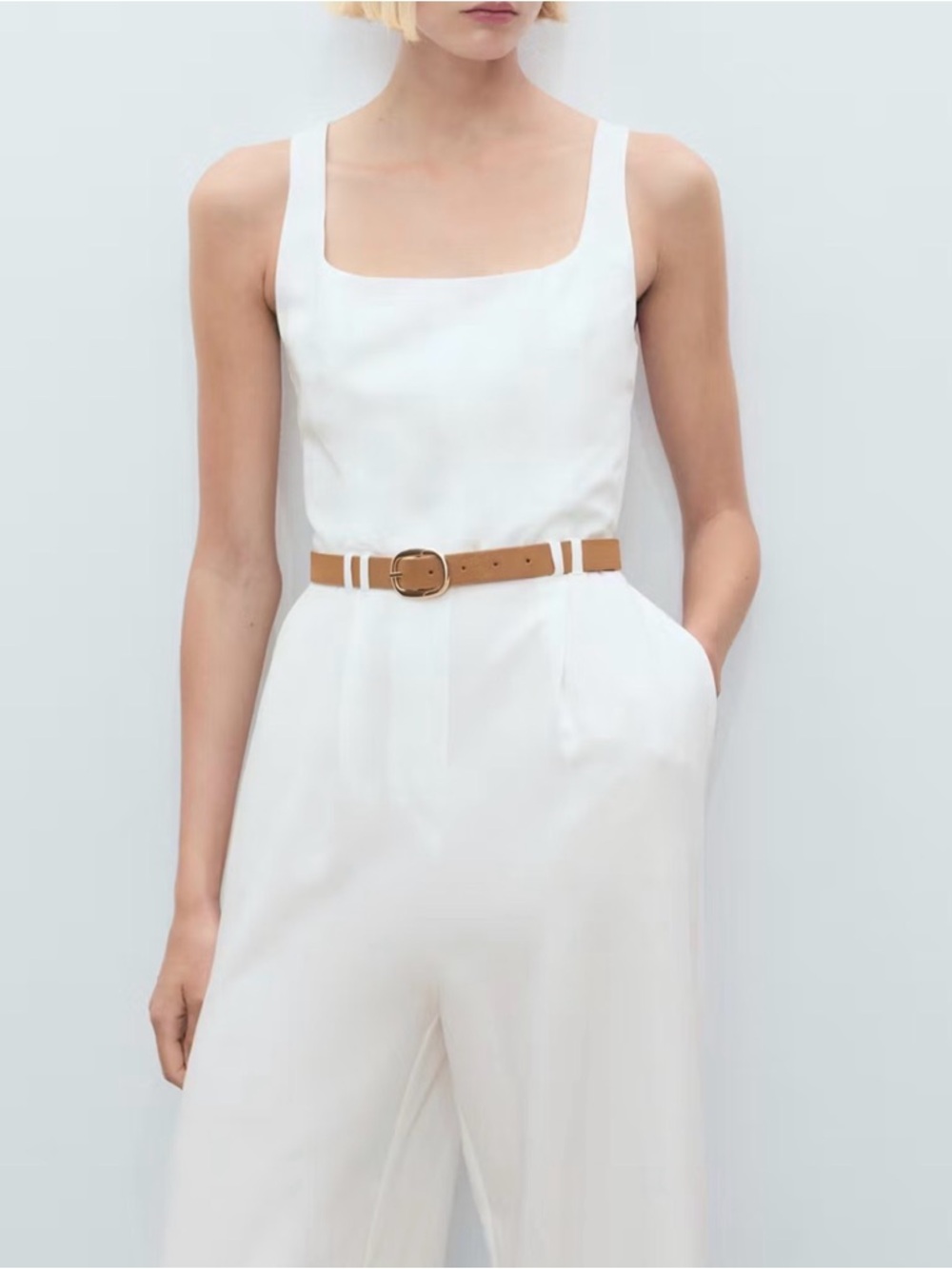 Mango Cream Wide-Leg Jumpsuit with Tan Belt